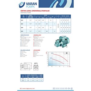 Varan Qb 80t Sürtme Fanlı / Preferikal Su Pompası 1 Hp/ 0.75 Kw - Trifaze 380 V | 60 Mss, 3 M3/h