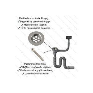 304 Paslanmaz Çelik Evye Süzgeçli Sifon | 6–7,5 Cm Ölçüye Uygun | Yandan Taşmalı Evyeler İçin