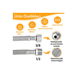 1/2 Nipelli 3/8 Paslanmaz Çelik Örgü Flex Hortum 70 Cm – Dayanıklı Ve Sızdırmaz