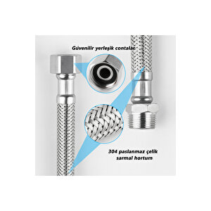 1/2 Nipelli 70 Cm Paslanmaz Çelik Örgülü Flex Hortum - Yüksek Basınca Dayanıklı