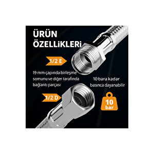 1/2 Nipelli 70 Cm Paslanmaz Çelik Örgülü Flex Hortum - Yüksek Basınca Dayanıklı