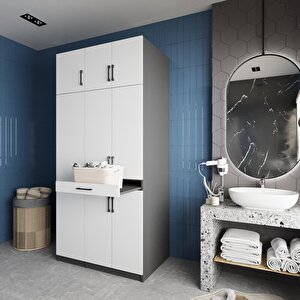 Vita Çamaşır Ve Kurutma Makinesi Dolabı Banyo Dolabı Füme Beyaz- Montaj Dahil