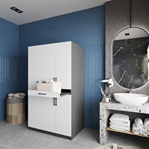 Tina Çamaşır Ve Kurutma Makinesi Dolabı Banyo Dolabı Füme Beyaz- Montaj Dahil