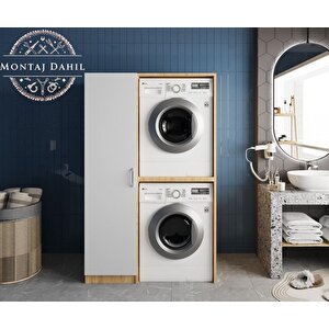 Almera Çamaşır Ve Kurutma Makinesi Dolabı Banyo Dolabı Meşe Beyaz - Montaj Dahil