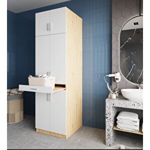 Piramit Çamaşır Ve Kurutma Makinesi Dolabı Banyo Dolabı Meşe Beyaz- Montaj Dahil