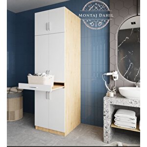 Piramit Çamaşır Ve Kurutma Makinesi Dolabı Banyo Dolabı Meşe Beyaz- Montaj Dahil