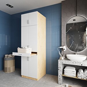 Piramit Çamaşır Ve Kurutma Makinesi Dolabı Banyo Dolabı Meşe Beyaz- Montaj Dahil