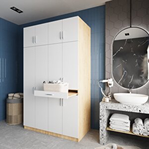 Modena Çamaşır Ve Kurutma Makinesi Dolabı Banyo Dolabı Meşe Beyaz- Montaj Dahil