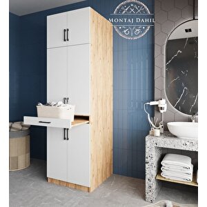Piramit Çamaşır Ve Kurutma Makinesi Dolabı Banyo Dolabı Çam Beyaz- Montaj Dahil