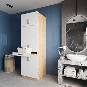 Piramit Çamaşır Ve Kurutma Makinesi Dolabı Banyo Dolabı Çam Beyaz- Montaj Dahil