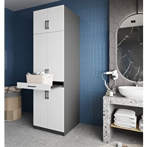 Piramit Çamaşır Ve Kurutma Makinesi Dolabı Banyo Dolabı Füme Beyaz- Montaj Dahil