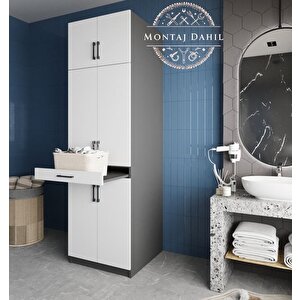 Piramit Çamaşır Ve Kurutma Makinesi Dolabı Banyo Dolabı Füme Beyaz- Montaj Dahil