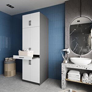 Piramit Çamaşır Ve Kurutma Makinesi Dolabı Banyo Dolabı Füme Beyaz- Montaj Dahil