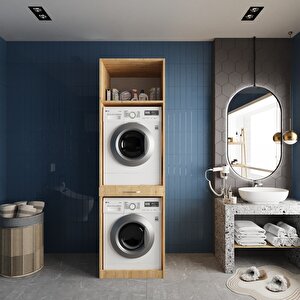 Piramit Çamaşır Ve Kurutma Makinesi Dolabı Banyo Dolabı Meşe- Montaj Dahil