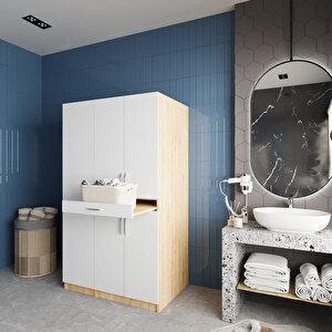 Tina Çamaşır Ve Kurutma Makinesi Dolabı Banyo Dolabı Meşe Beyaz- Montaj Dahil