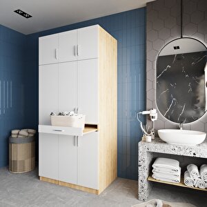 Vita Çamaşır Ve Kurutma Makinesi Dolabı Banyo Dolabı Meşe Beyaz- Montaj Dahil