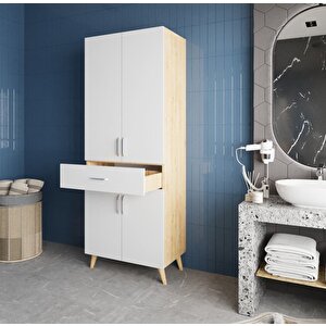 Mavera Çok Amaçlı Dolap Banyo Mutfak Kiler Dolabı Meşe Beyaz- Montaj Dahil