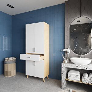 Mavera Çok Amaçlı Dolap Banyo Mutfak Kiler Dolabı Meşe Beyaz- Montaj Dahil