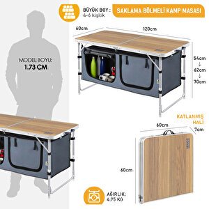 Haegs Saklama Dolaplı Kamp Masası, Outdoor Kamp Mutfağı, Kamp Dolabı, Katlanabilir Kamp Piknik Masası, Seyahat Mutfağı, 120x60cm- Hareli Ceviz Ceviz