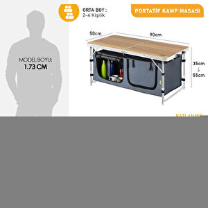 Haegs Saklama Dolaplı Kamp Masası, Outdoor Kamp Mutfağı, Kamp Dolabı, Katlanabilir Kamp Piknik Masası, Seyahat Mutfağı, 90x50cm Hareli Ceviz Ceviz