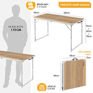 Haegs Portatif Kamp Masası, 3 Yükseklik Ayarlı, Katlanır Piknik Masası, Kolay Taşınabilir Alüminyum Masa - 120x60 - Hareli Ceviz Ceviz