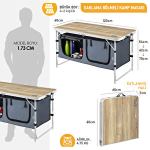 Haegs Saklama Dolaplı Kamp Masası, Outdoor Kamp Mutfağı, Kamp Dolabı, Katlanabilir Kamp Piknik Masası, Seyahat Mutfağı, 120x60cm- Naturel Meşe Meşe
