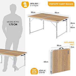Haegs Portatif Kamp Masası, 2 Yükseklik Ayarlı, Katlanır Piknik Masası, Kolay Taşınabilir Alüminyum Masa - 90x50 - Hareli Ceviz Ceviz