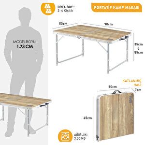 Haegs Portatif Kamp Masası, 2 Yükseklik Ayarlı, Katlanır Piknik Masası, Kolay Taşınabilir Alüminyum Masa - 90x50 - Naturel Meşe Meşe