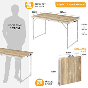 Haegs Portatif Kamp Masası, 3 Yükseklik Ayarlı, Katlanır Piknik Masası, Kolay Taşınabilir Alüminyum Masa - 120x60 - Naturel Meşe Meşe