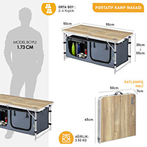 Haegs Saklama Dolaplı Kamp Masası, Outdoor Kamp Mutfağı, Kamp Dolabı, Katlanabilir Kamp Piknik Masası, Seyahat Mutfağı, 90x50cm Naturel Meşe Meşe