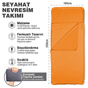 Haegs Seyahat Uyku Nevresimi, %100 Pamuk, Hafif Kompakt Taşınabilir Seyahat Tipi Nevresim Takımı,  Kamp Çadır Çarşafı 220 X 105cm Turuncu Turuncu