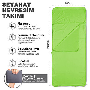 Haegs Seyahat Uyku Nevresimi, %100 Pamuk, Hafif Kompakt Taşınabilir Seyahat Tipi Nevresim Takımı,  Kamp Çadır Çarşafı 220 X 105cm Yeşil Yeşil