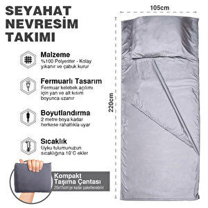 Haegs Seyahat Uyku Nevresimi, Saten Polyester, Hafif Kompakt Taşınabilir Seyahat Tipi Nevresim Takımı,  Kamp Çadır Çarşafı 220 X 105cm Gri Saten Gri