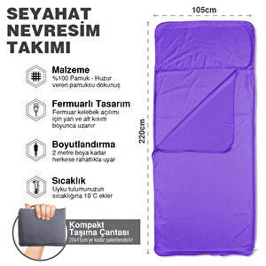 Haegs Seyahat Uyku Nevresimi, %100 Pamuk, Hafif Kompakt Taşınabilir Seyahat Tipi Nevresim Takımı,  Kamp Çadır Çarşafı 220 X 105cm Lila
