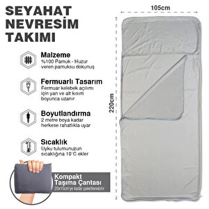 Haegs Seyahat Uyku Nevresimi, %100 Pamuk, Hafif Kompakt Taşınabilir Seyahat Tipi Nevresim Takımı,  Kamp Çadır Çarşafı 220 X 105cm Gri