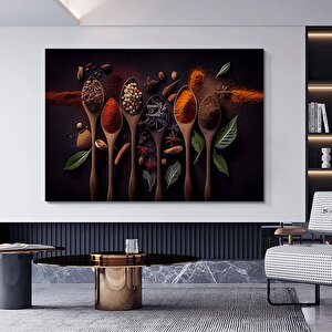 Mutfak Kanvas Sanatı; Kaşık Ve Baharat Tablosu; Yiyecek Kanvasları; Büyük Kanvas Tablo; Mutfak Duvar 140x200 cm