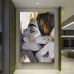 Saçında Zambak Olan Kadın Kanvas Baskı Sanatı; Altın Zambak Kanvas Baskısı; Güzel Yüzlü Kadın Resmi; 40x60 cm