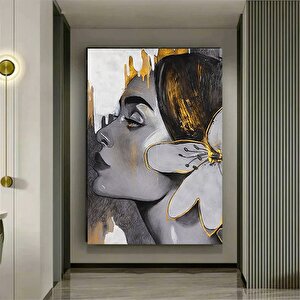 Saçında Zambak Olan Kadın Kanvas Baskı Sanatı; Altın Zambak Kanvas Baskısı; Güzel Yüzlü Kadın Resmi; 40x60 cm