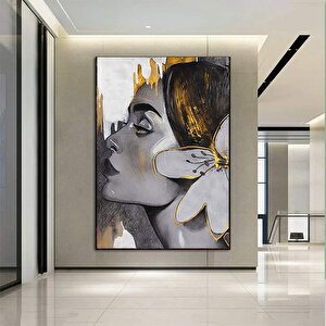 Saçında Zambak Olan Kadın Kanvas Baskı Sanatı; Altın Zambak Kanvas Baskısı; Güzel Yüzlü Kadın Resmi; 90x150 cm