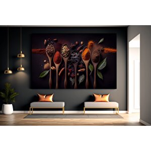 Mutfak Kanvas Sanatı; Kaşık Ve Baharat Tablosu; Yiyecek Kanvasları; Büyük Kanvas Tablo; Mutfak Duvar 90x150 cm