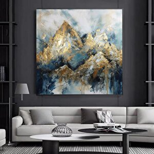 Soyut Sanat Kanvası – Altın Dağlar; Dağ Manzarası Duvar Dekoru; Beyaz Bulutlar Kanvas 100x100 cm
