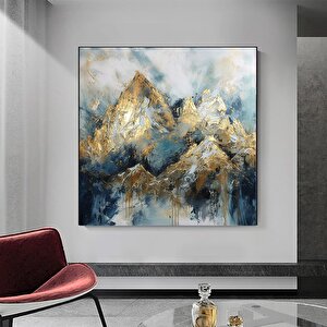Soyut Sanat Kanvası – Altın Dağlar; Dağ Manzarası Duvar Dekoru; Beyaz Bulutlar Kanvas 100x100 cm