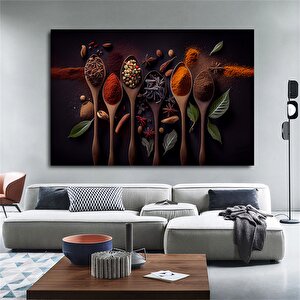 Mutfak Kanvas Sanatı; Kaşık Ve Baharat Tablosu; Yiyecek Kanvasları; Büyük Kanvas Tablo; Mutfak Duvar 80x150 cm