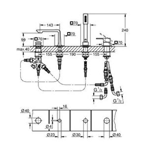 Grohe Allure 4 Delikli Ankastre Küvet Bataryası, Altın - 19316gl1