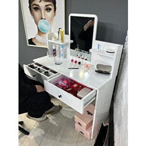 Makyaj Masası Aynalı Tuvalet Masası 2 Çekmeceli Takı Düzenleyici Ve Raflı Organizer Beyaz 104 Cm