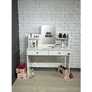Makyaj Masası Aynalı Tuvalet Masası 2 Çekmeceli Takı Düzenleyici Ve Raflı Organizer Beyaz 104 Cm
