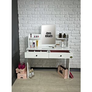 Makyaj Masası Aynalı Tuvalet Masası 2 Çekmeceli Takı Düzenleyici Ve Raflı Organizer Beyaz 104 Cm