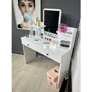 Makyaj Masası Aynalı Tuvalet Masası 2 Çekmeceli Takı Düzenleyici Ve Raflı Organizer Beyaz 104 Cm