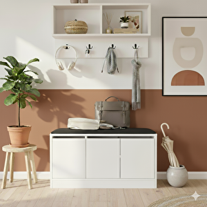 Robin Home Comfort Puflu Minderli Oturaklı Portmanto Ayakkabılık Vestiyer Beyaz