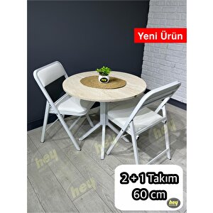Mercan 2 Kişilik Yuvarlak Mutfak Yemek Masası Takımı 2+1 Traverten Beyaz Deri 60 Cm